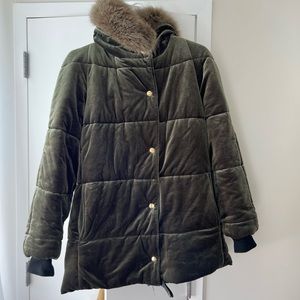 Therma Kota down jacket, fur hood, green velvet, size small